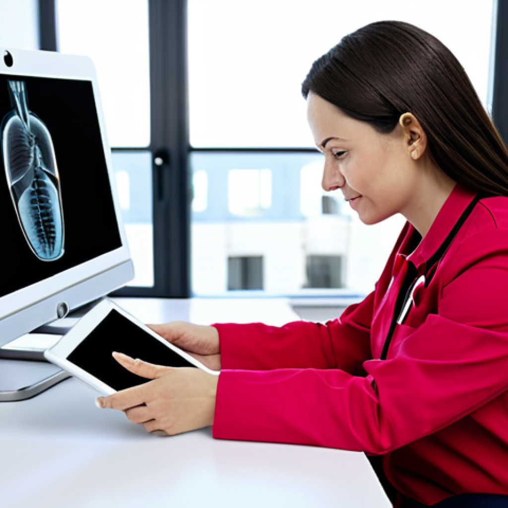 A professional female doctor in a modest, modern medical uniform, seated at a sleek, minimalist desk, engaged in a telemedicine video consultation on a tablet device. The background shows a bright, clean clinic setting with diffused natural light, conveying an accessible and technologically advanced healthcare environment. safe for work, appropriate content, fully clothed, professional, perfect anatomy, correct proportions, natural pose, well-formed hands, proper finger count, natural body proportions, professional photography, high quality, sharp focus.