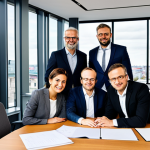 **

"A diverse team of business professionals, fully clothed in professional attire, collaborating around a large conference table in a modern office in Berlin, Germany. The atmosphere is positive and collaborative. The office has large windows with a cityscape view. Safe for work, appropriate content, perfect anatomy, correct proportions, well-formed hands, natural pose, professional, family-friendly, modest."

**