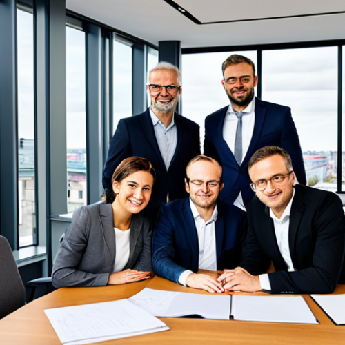 Home 6 **
"A diverse team of business professionals, fully clothed in professional attire, collaborating around a large conference table in a modern office in Berlin, Germany. The atmosphere is positive and collaborative. The office has large windows with a cityscape view. Safe for work, appropriate content, perfect anatomy, correct proportions, well-formed hands, natural pose, professional, family-friendly, modest."
**