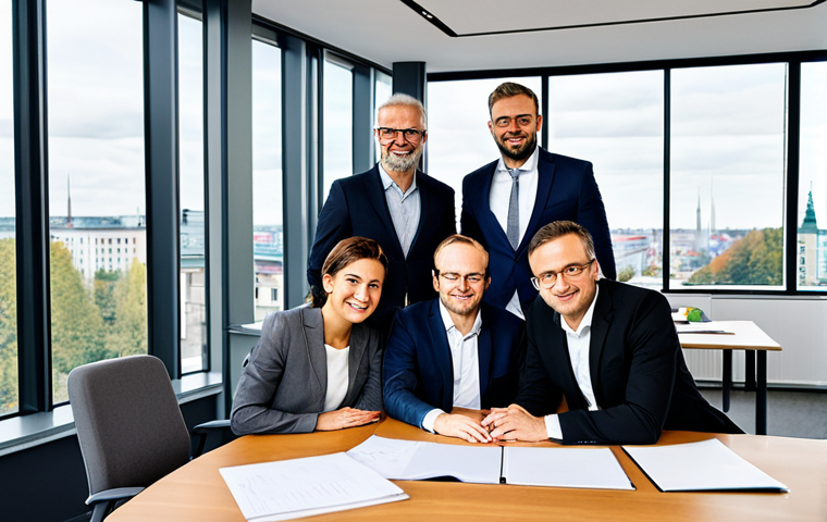 **

"A diverse team of business professionals, fully clothed in professional attire, collaborating around a large conference table in a modern office in Berlin, Germany. The atmosphere is positive and collaborative. The office has large windows with a cityscape view. Safe for work, appropriate content, perfect anatomy, correct proportions, well-formed hands, natural pose, professional, family-friendly, modest."

**