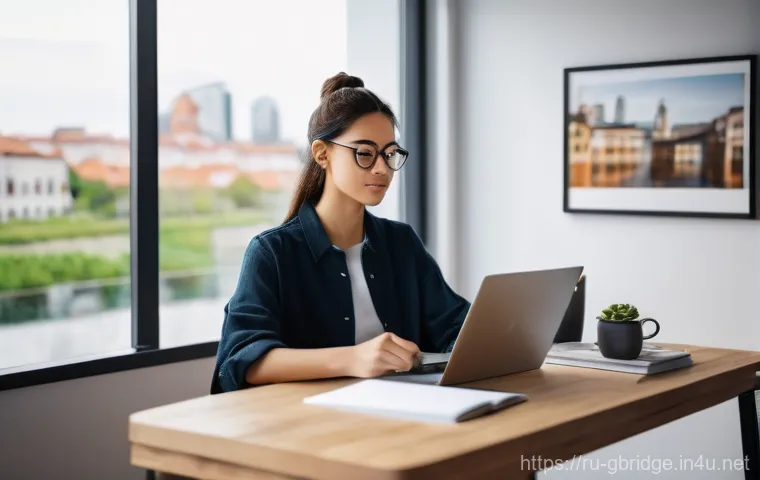 글로벌브릿지와 글로벌 교육 - A young woman in her late 20s, dressed casually in comfortable home attire, sits at a modern, minima...