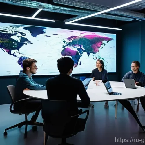 Home 19 글로벌브릿지와 기술 기반 스타트업 - **Prompt:** "A vibrant, modern co-working space in a Russian tech hub, filled with a diverse group o...